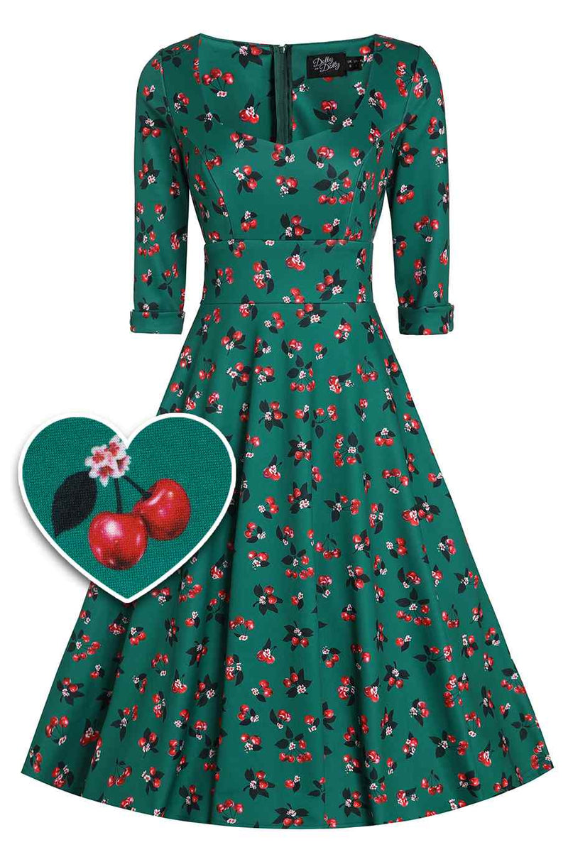 Front View of Retro Cherry Emerald Green Midi Dress