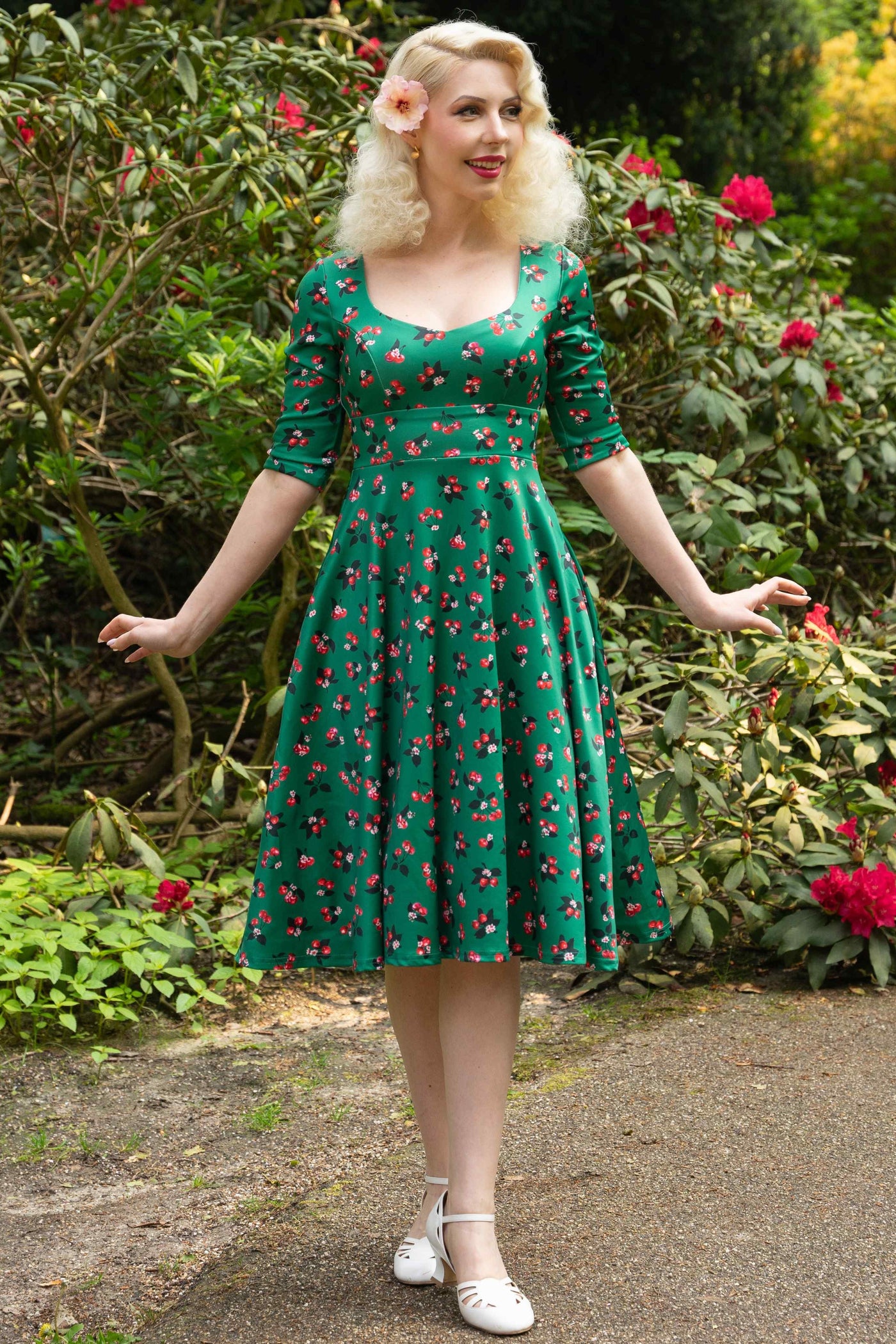 Model photo of Cherry Emerald Green Midi Dress