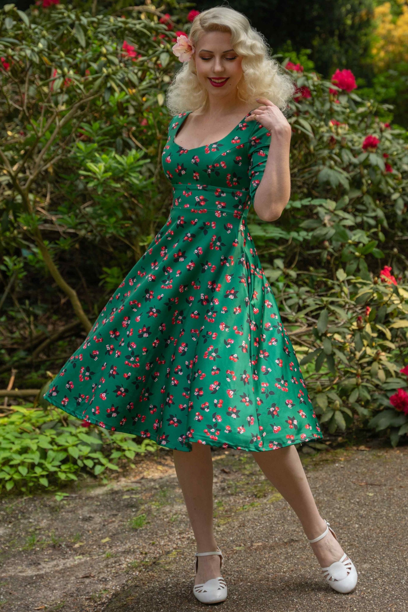 Model photo of Cherry Emerald Green Midi Dress