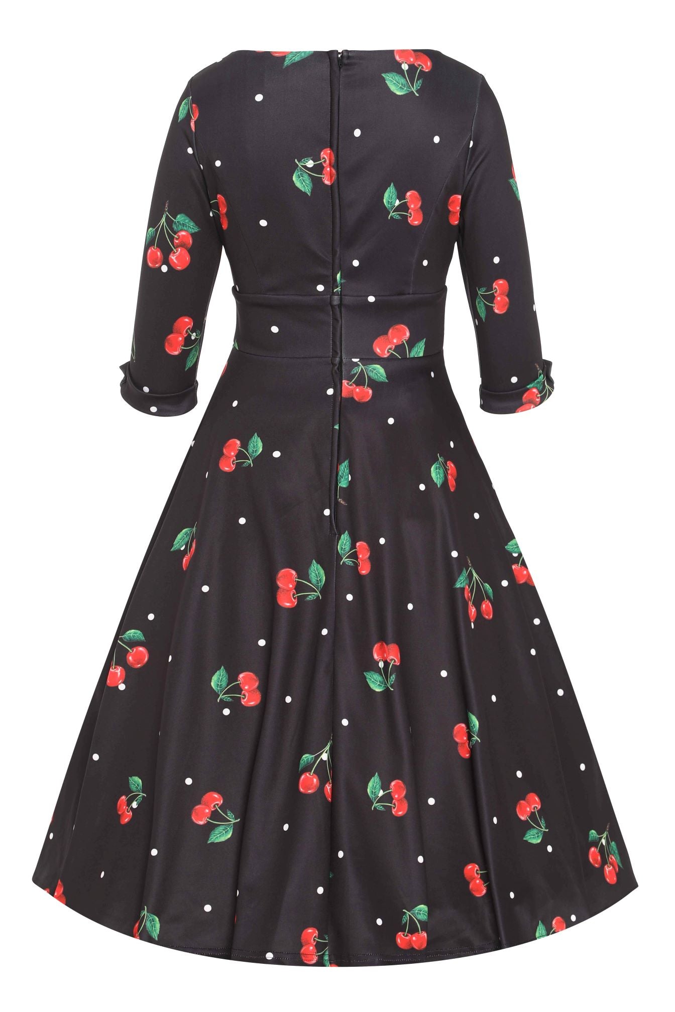 Retro Cherry Polka Dot Midi Dress In Black