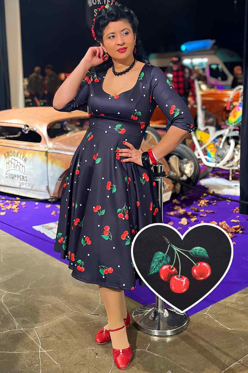 cherry retro dress Polka Dot 50s Cherry Dress Black Vintage Dress With Cherry Pattern Petticoat Dress "Leni"