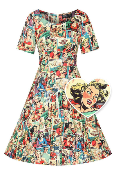 Front View of Retro Comic Book Print Dress in Yellow