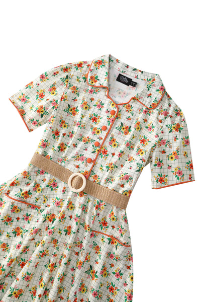 Close up view of  Retro Floral Midi Shirt Dress