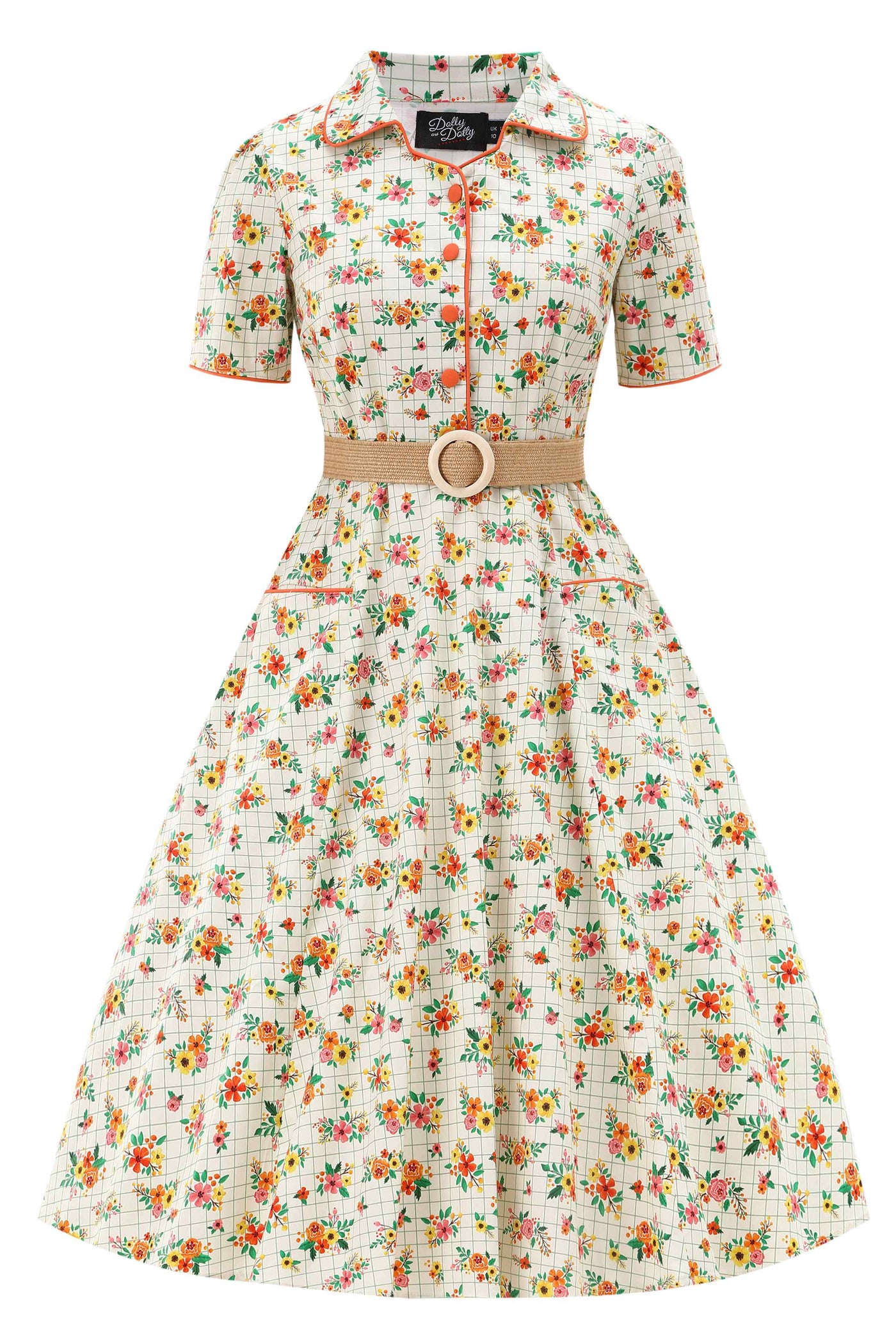 Front view of  Retro Floral Midi Shirt Dress