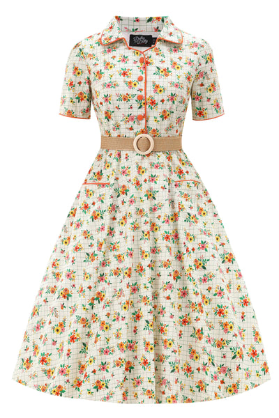 Front view of  Retro Floral Midi Shirt Dress