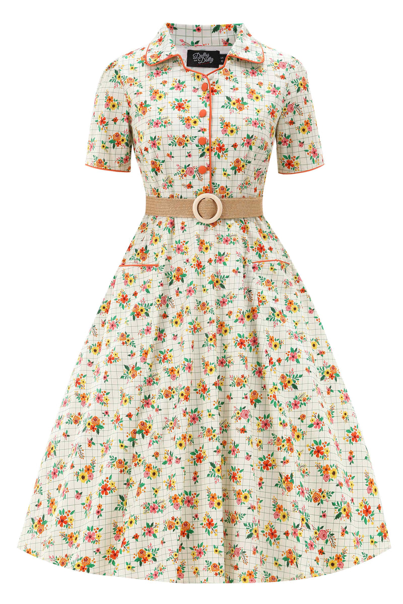Front view of  Retro Floral Midi Shirt Dress