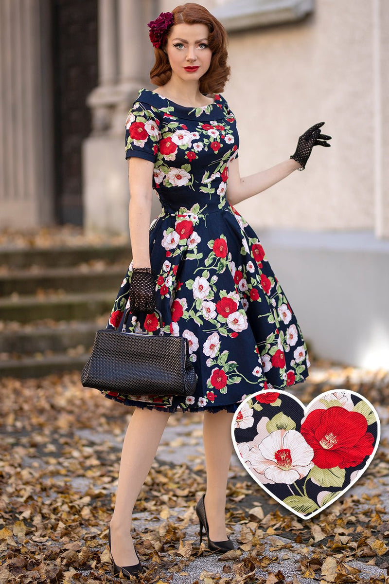 Retro Floral Roses Swing Dress in Navy Blue