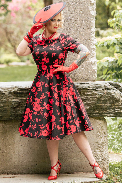 Retro Floral Swing Dress in Black/Red