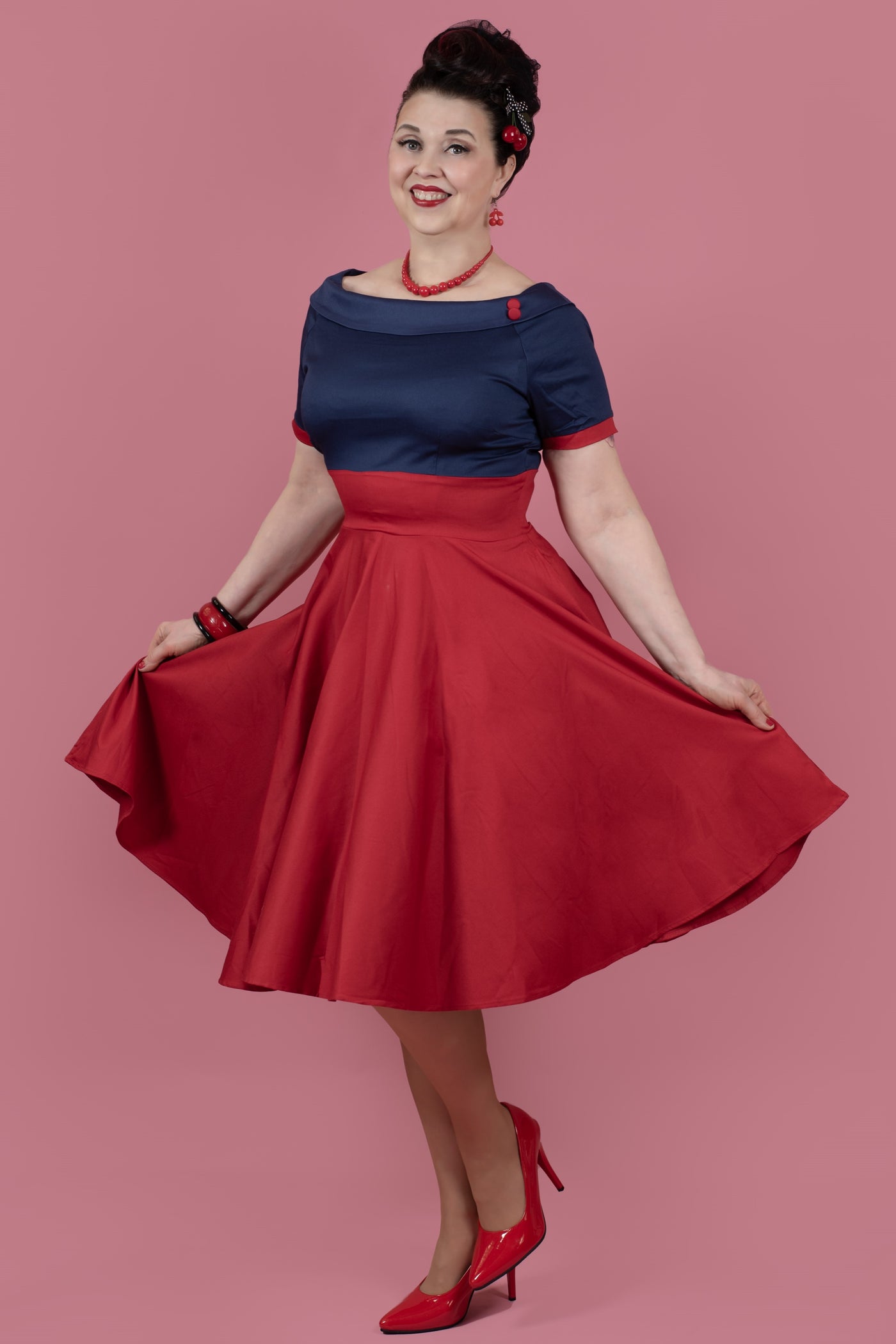 Retro Full Circle Swing Dress in Navy Blue-Red