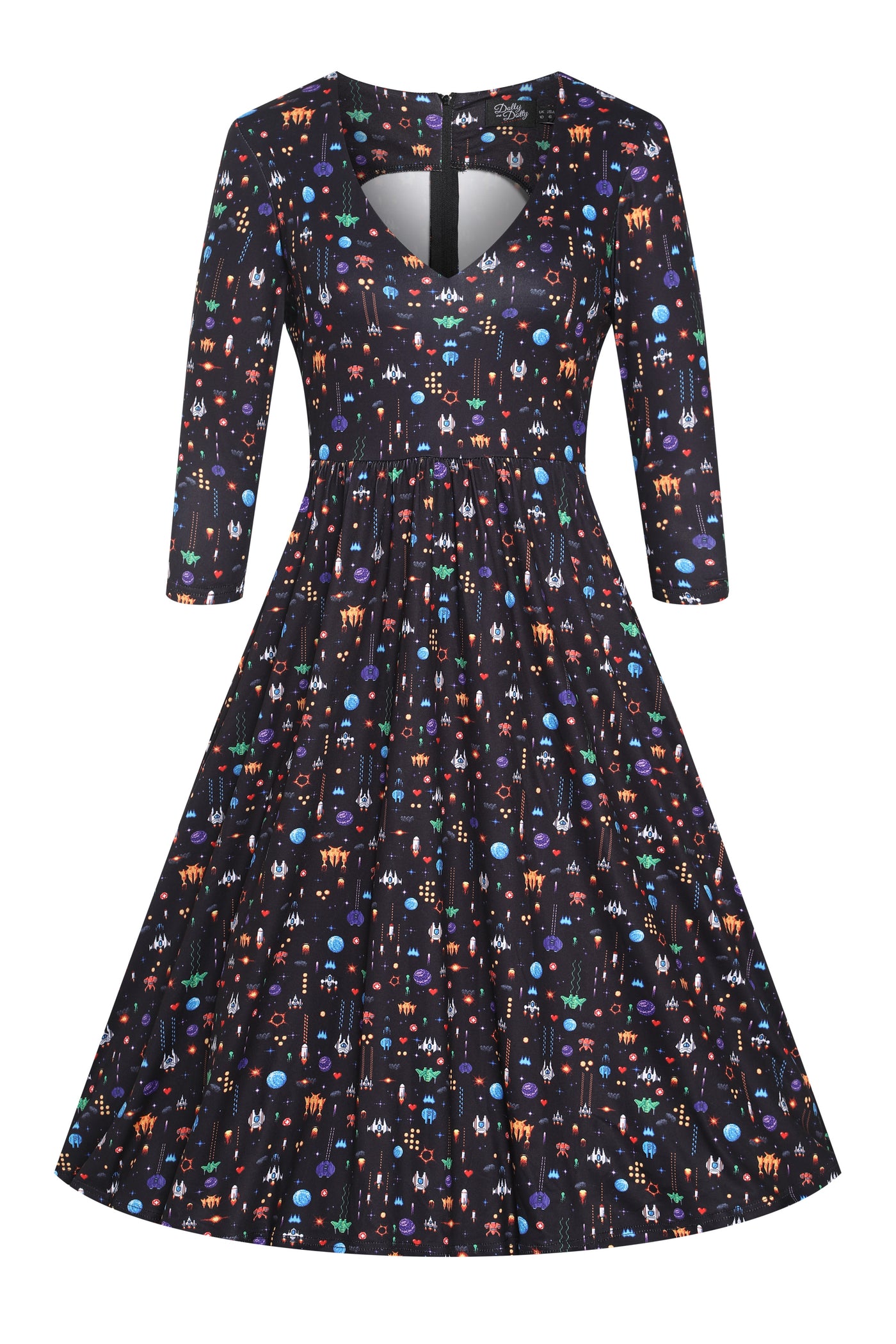 Front view of Retro Game Print Dress In Black