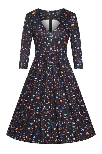 Front view of Retro Game Print Dress In Black