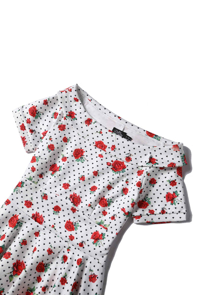 Close up View of Retro Heart and Rose Dress in white