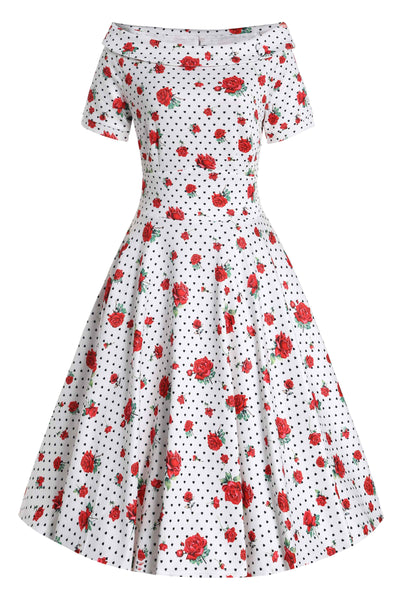 Front View of Retro Heart and Rose Dress in white