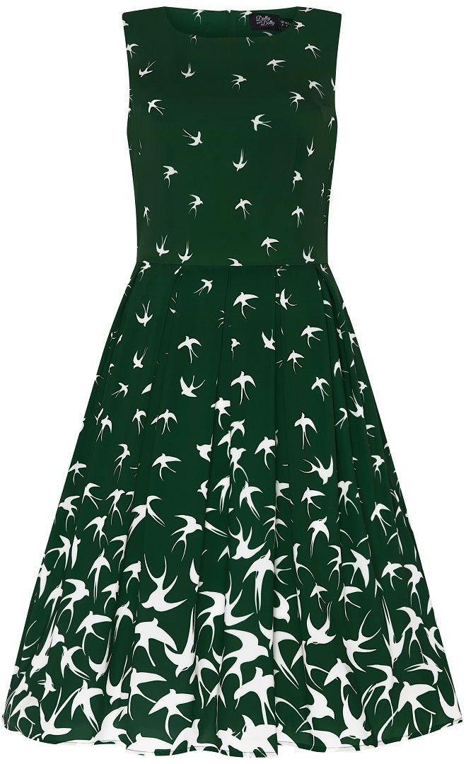 Front view of Raising Bird Swing Dress in Green