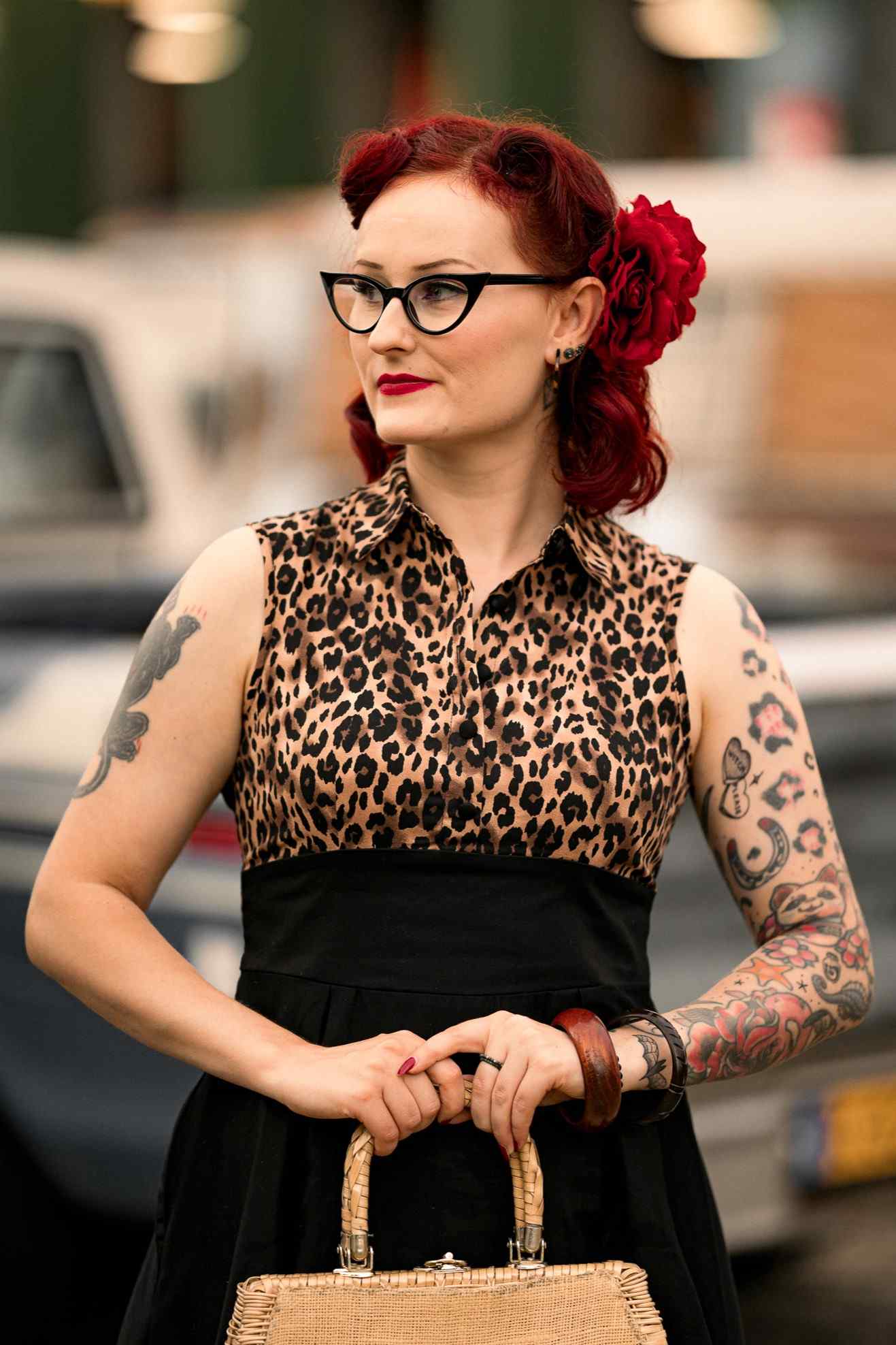 A model wearing a Retro Leopard Print Shirt Dress