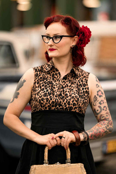 A model wearing a Retro Leopard Print Shirt Dress