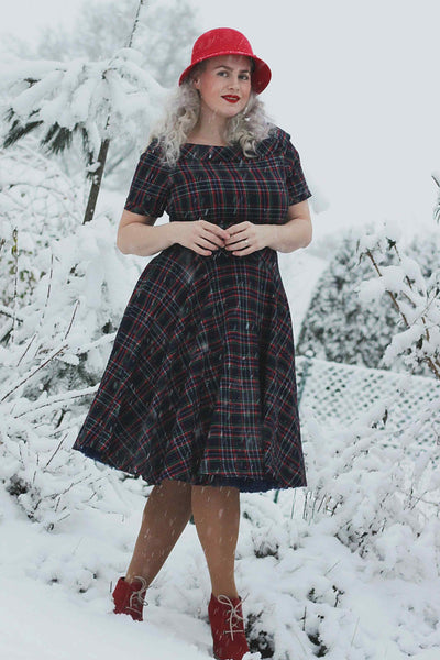 Retro Navy and Red Tartan Swing Dress