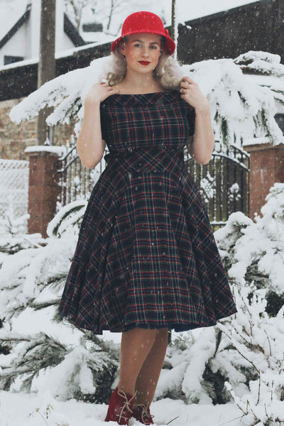 Retro Navy and Red Tartan Swing Dress