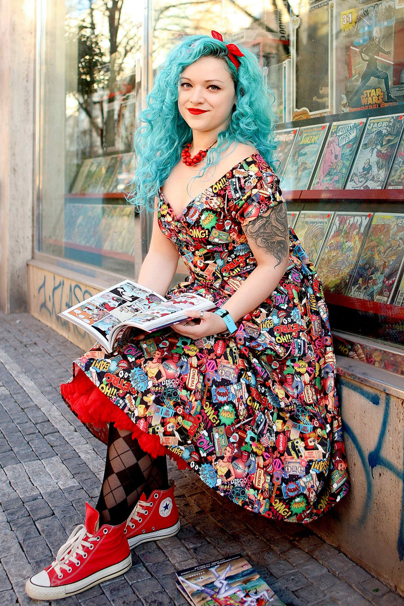 A lady wearing a Retro Off Shoulder Pop Art Circle Dress