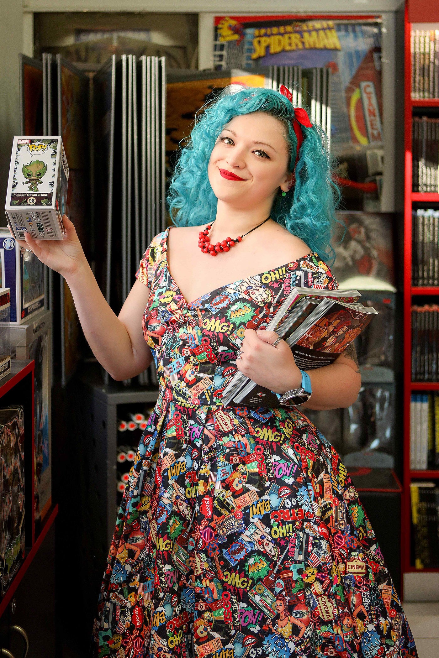 A lady wearing a Retro Off Shoulder Pop Art Circle Dress