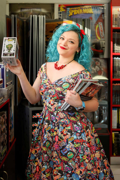 A lady wearing a Retro Off Shoulder Pop Art Circle Dress