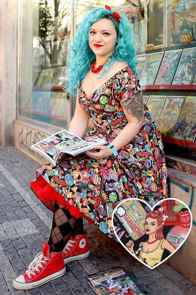 A lady wearing a Retro Off Shoulder Pop Art Circle Dress