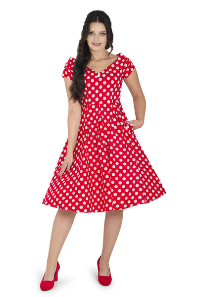 Model wearing Retro Off Shoulder Red Polka Dot Swing Dress