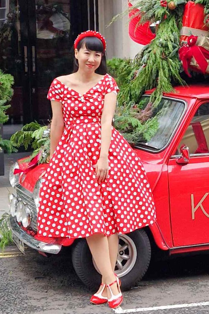 strapless open back dress Lily Retro Off Shoulder Red Polka Dot Swing Dress