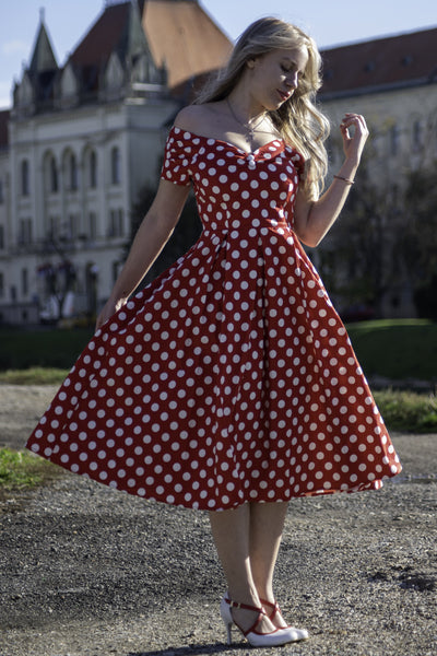 Retro Off Shoulder Red Polka Dot Swing Dress