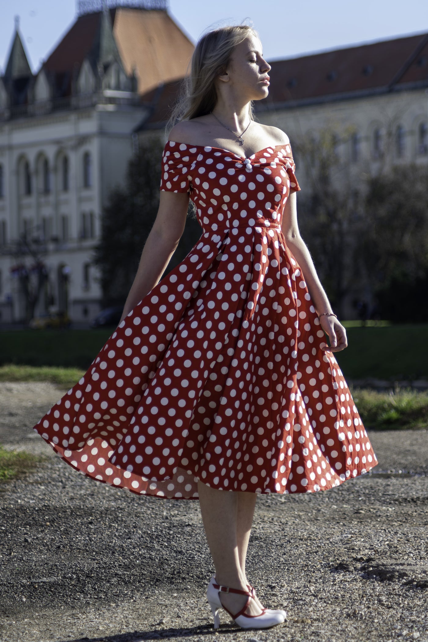 Lily Retro Off Shoulder Red Polka Dot Swing Dress Lily Retro Off Shoulder Red Polka Dot Swing Dress
