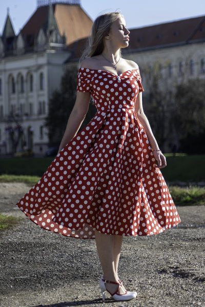 Retro Off Shoulder Red Polka Dot Swing Dress