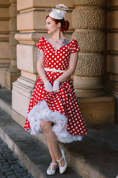 Retro Off Shoulder Red Polka Dot Swing Dress