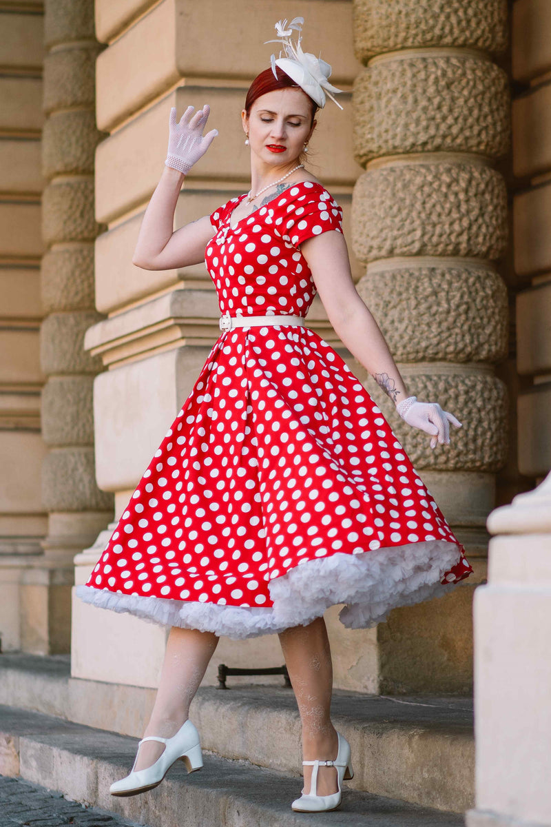 Retro Off Shoulder Red Polka Dot Swing Dress