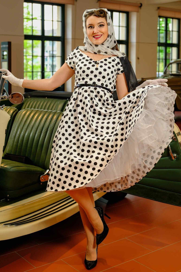 Lily Retro Off Shoulder White Polka Dot Swing Dress
