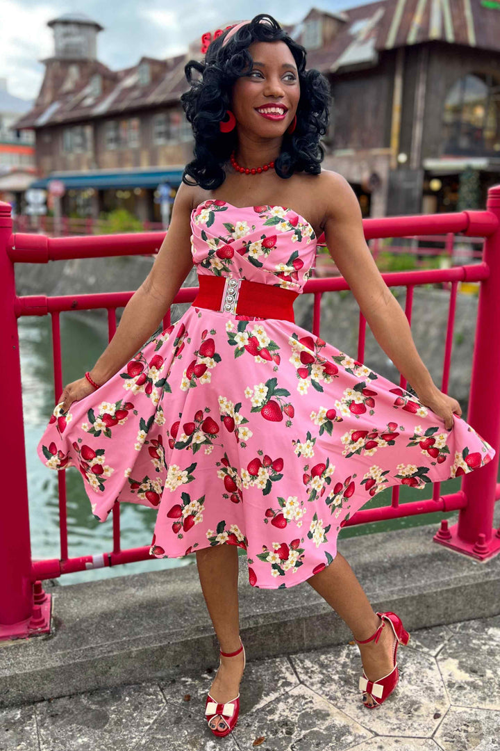 Retro Strapless Pink Strawberry Swing Dress