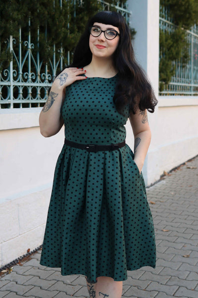 Model photo of Retro Polka Dot Dress in Green and Black