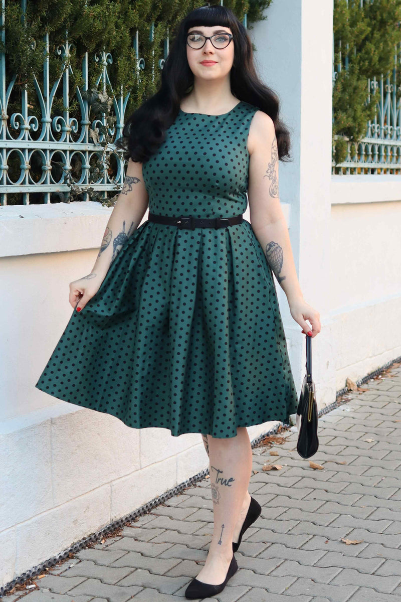 Model photo of Retro Polka Dot Dress in Green and Black