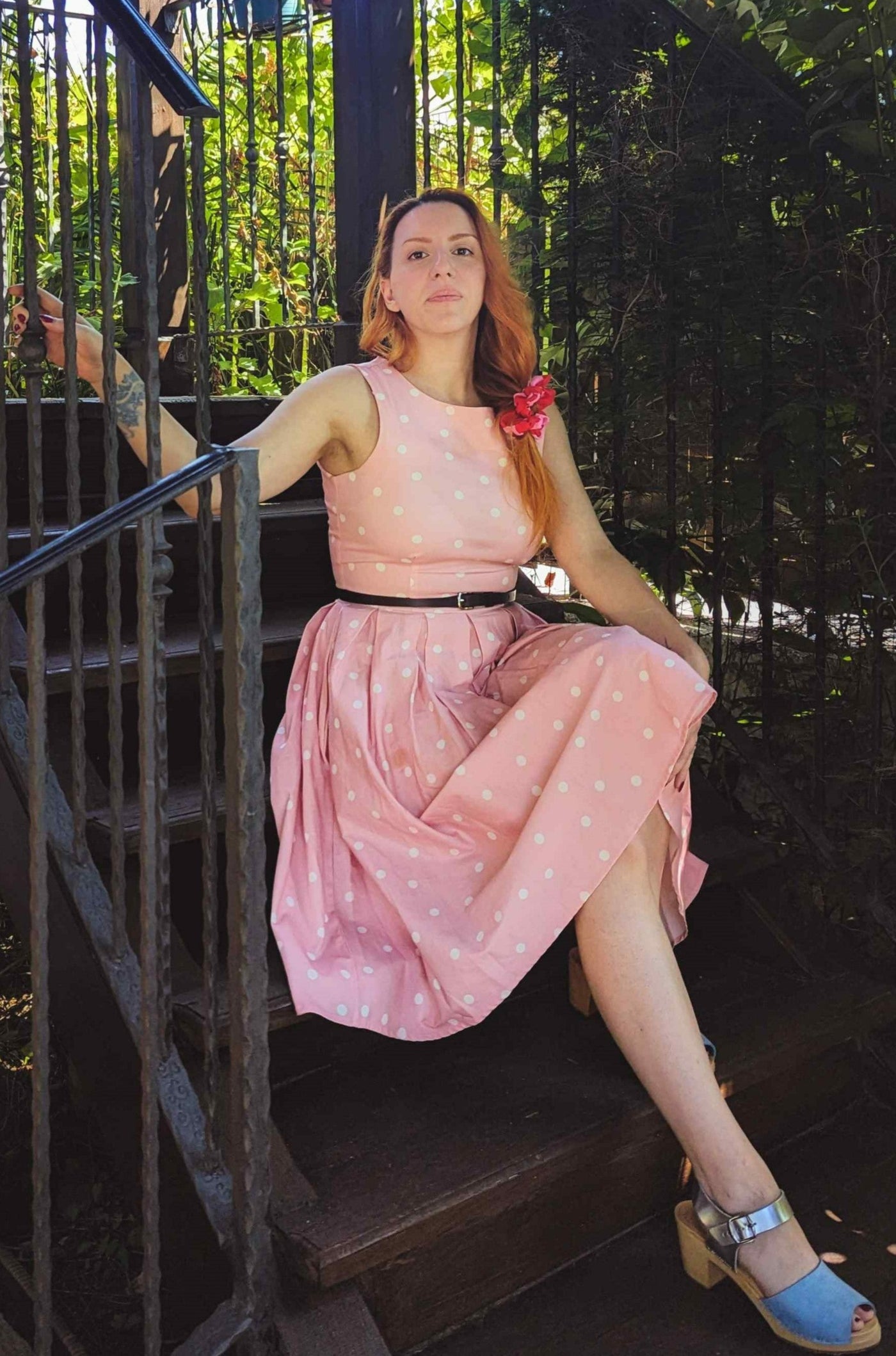 Retro Polka Dot Dress in Pale Pink & White