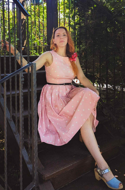 Retro Polka Dot Dress in Pale Pink & White