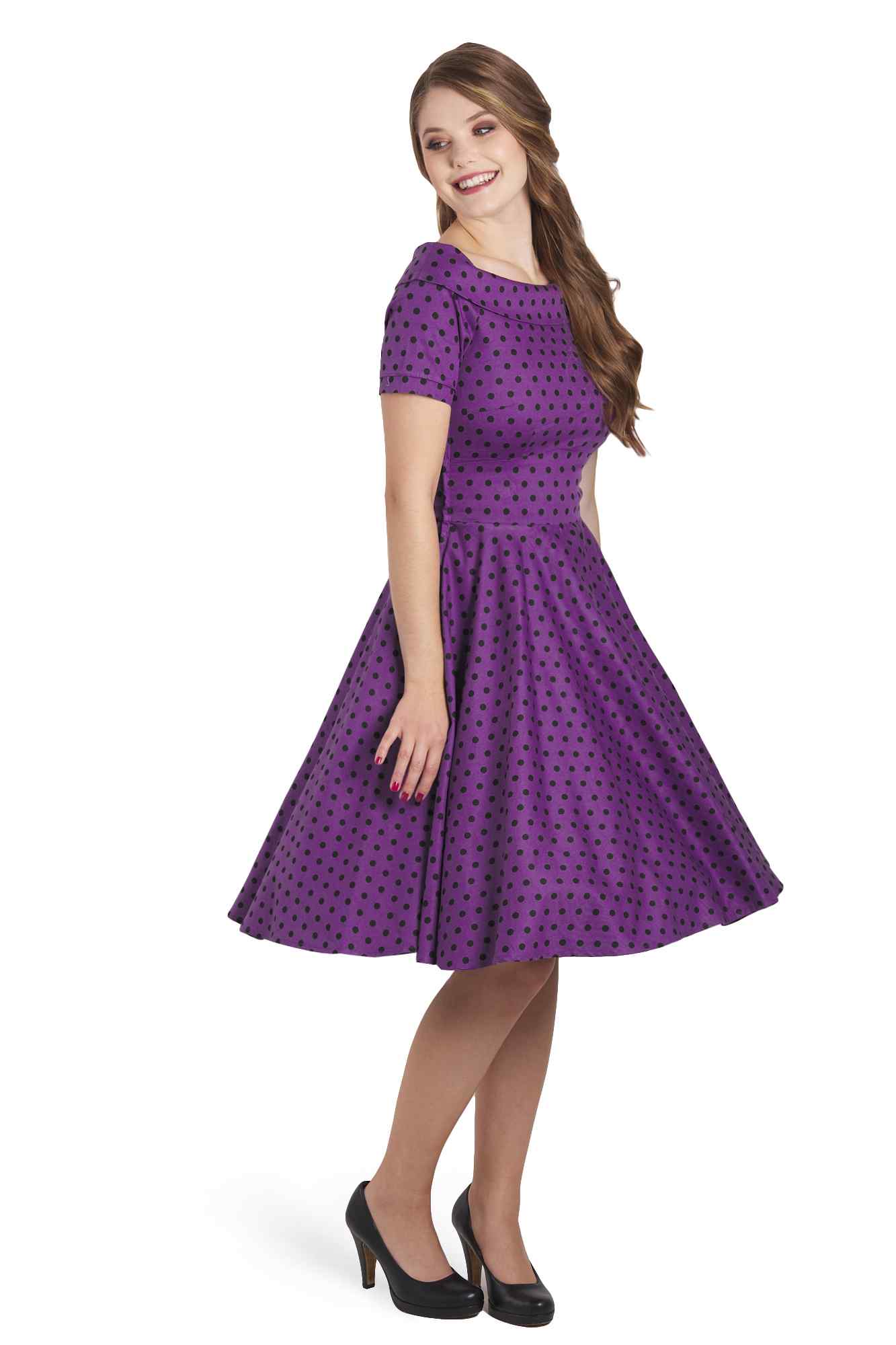Retro Polka Dot Off Shoulder Dress in Purple
