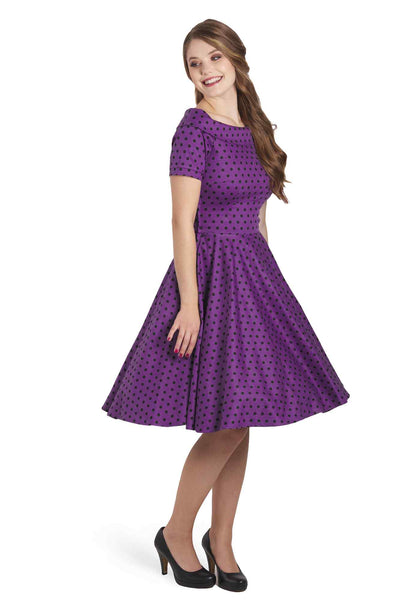 Model photo of Retro Polka Dot Swing Dress in Purple