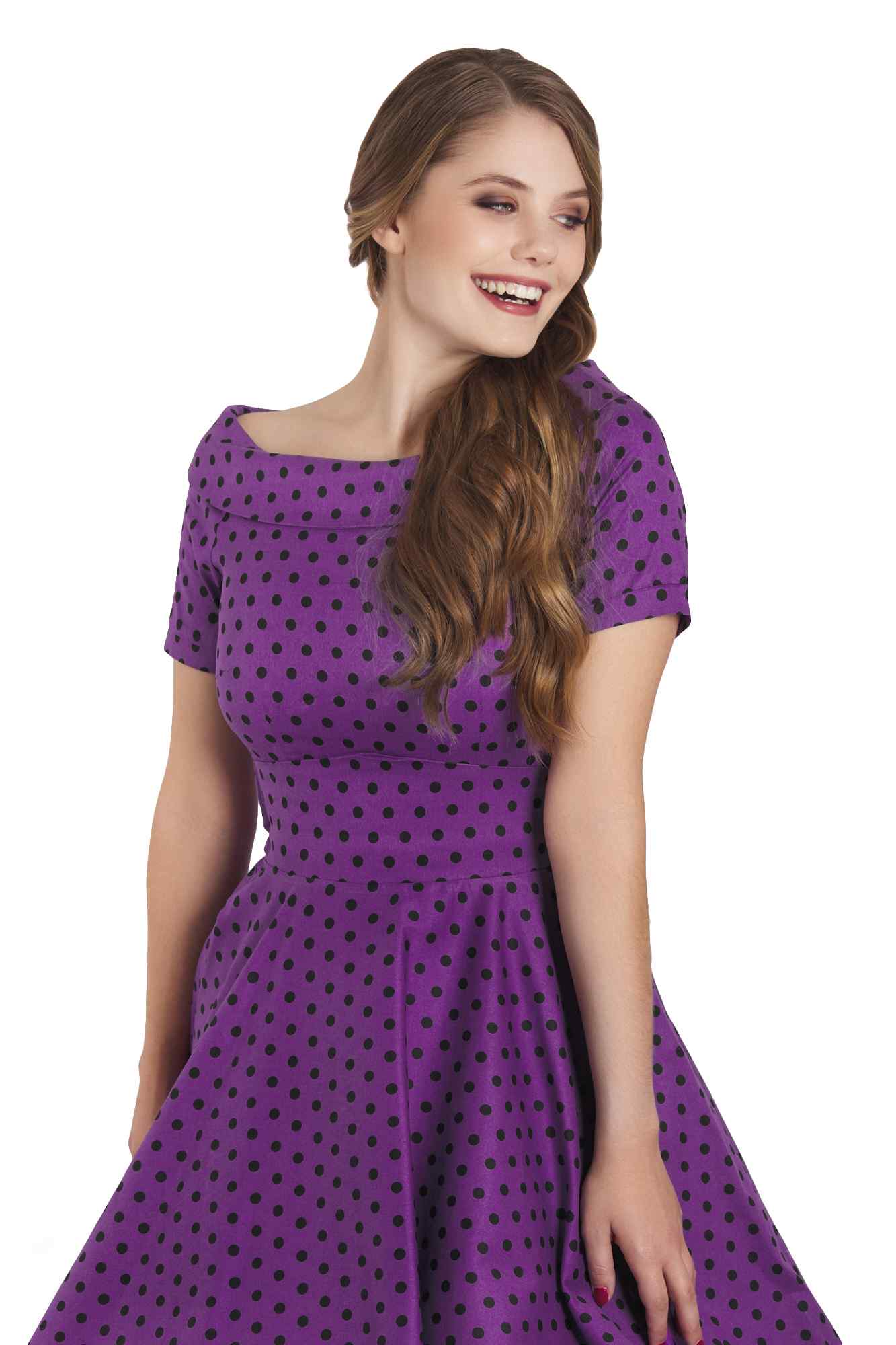 Model photo of Retro Polka Dot Swing Dress in Purple