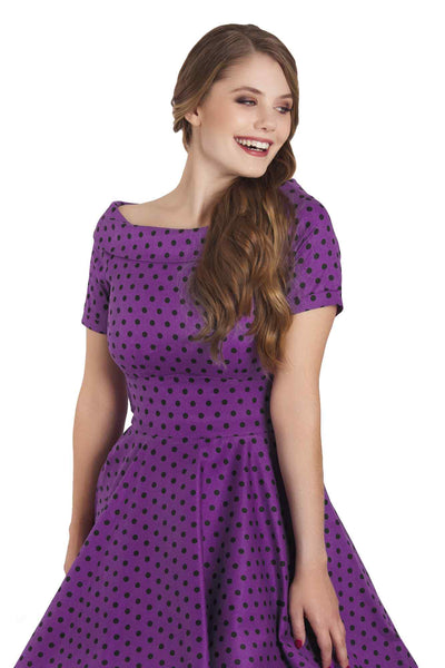 Model photo of Retro Polka Dot Swing Dress in Purple