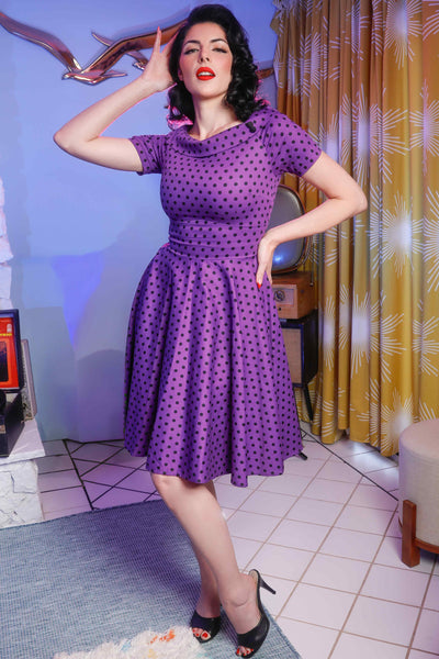 Retro Polka Dot Swing Dress in Purple