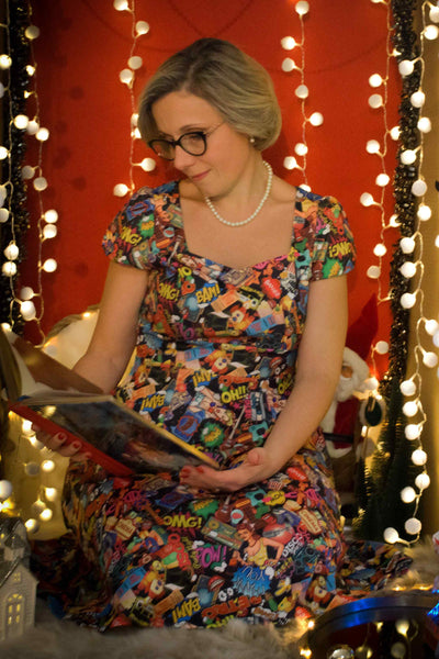 A model wearing Retro Pop Art Short Sleeved Swing Dress