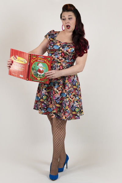 Model photo of Retro Pop Art Short Sleeved Swing Dress