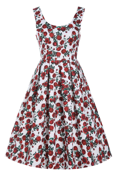 Front view of Retro Red Rose Dress In White