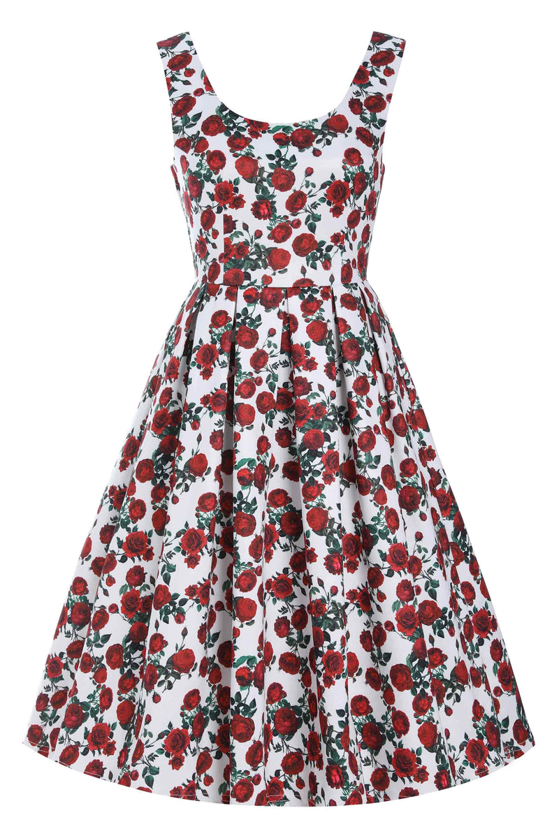 Front view of Retro Red Rose Dress In White