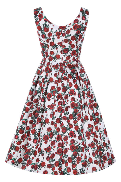 Back view of Retro Red Rose Dress In White