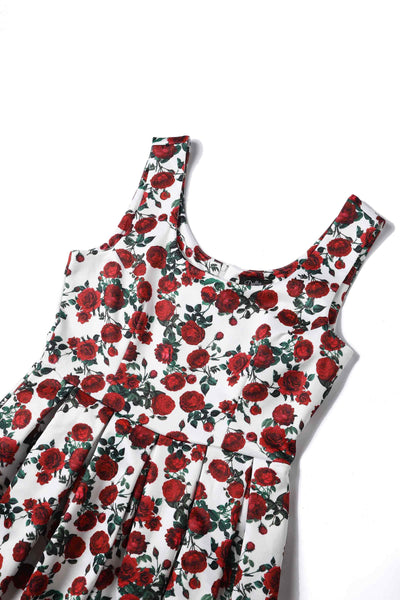 Close up view of Retro Red Rose Dress In White
